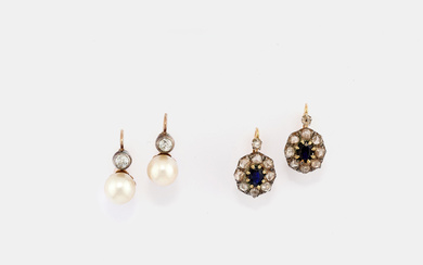 TWO PAIRS OF CULTURED PEARL AND GEM-SET LEVERBACK EARRINGS...