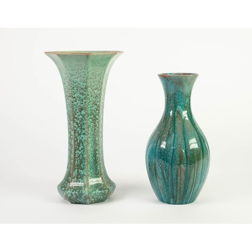TWO PILKINGTONS PALE GREEN CURDLED OPALESCENT GLAZED POTTERY...