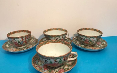 Tea cups with plates (8) - Canton, Famille rose - Porcelain - China - 19th century