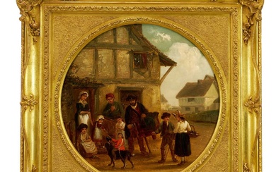 Thomas Smythe (1825-1906) pair of oils on canvas laid on panel - The Monkey Entertainer and The Punch & Judy Show, 38cm tondo, in gilt frames