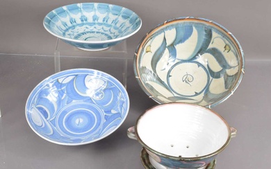 Three Aldermaston Pottery bowls and a colander and plate by the same pottery