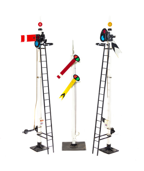Three Painted Metal Two-Light Garden Railroad Semaphore Signal Switches