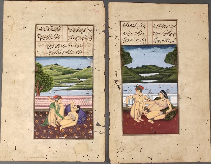 Three miniature paintings with erotic scenes, book pages, written on both sides, gouache on paper