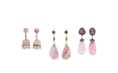 Three pairs of Chinese pink tourmaline earrings 20th century one with a...