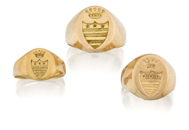 Three signet rings, two stamped 750, one with British hallmarks for 18ct gold, ring sizes approx. Q½; K½ and J (3)