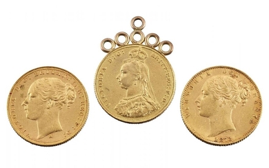 Three sovereigns, comprising: two Victoria Young Head, 1873 (shield back)...