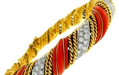 Tiffany & Co. Coral Diamond Gold Bangle Bracelet