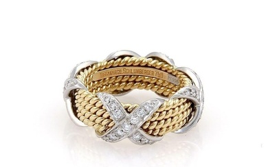 Tiffany & Co. Schlumberger Diamond Platinum 18k 4 Row X Band Ring Size 5