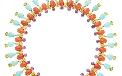 Tony Duquette Gold, Coral, Turquoise, Cabochon Amethyst and Peridot Fringe Necklace