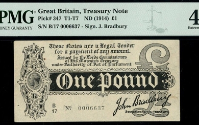 Treasury Series, John Bradbury, first issue £1, ND (7 August 1914), serial number B/17 0006637,...
