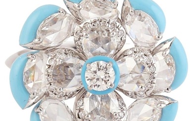 Turquoise Ceramic Borders Ring in White Gold with Rose Cut Diamond Flower Petals