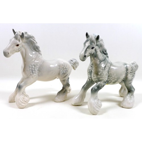 Two Beswick 'Cantering Shire' horse figurines, model 975, gr...