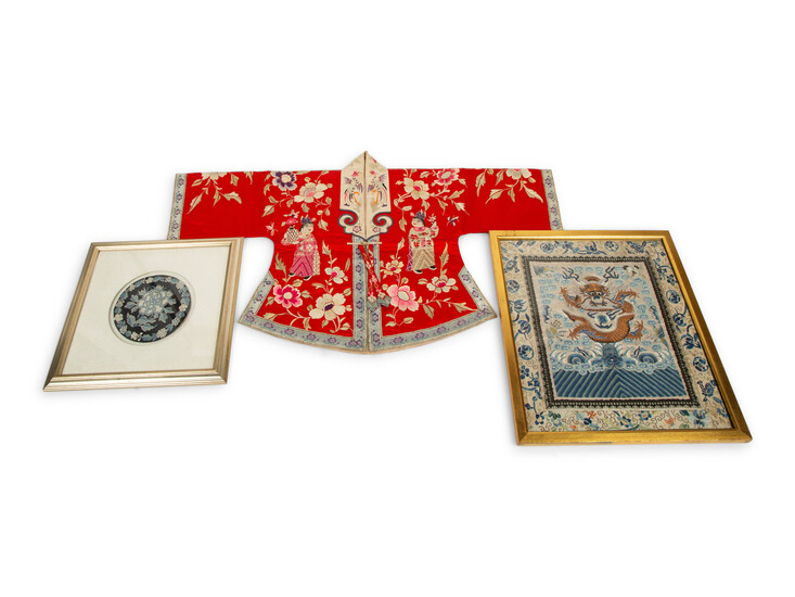 Two Chinese Framed Embroideries and A Child's Embroidered Silk Robe