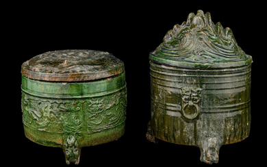 Two Chinese Green Glazed Pottery Covered Tripod Incense Burners