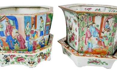 Two Chinese Rose Medallion Planters with Stands