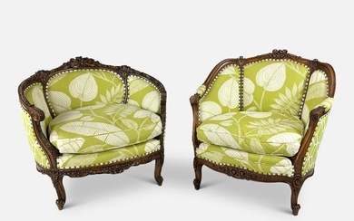 Two Hand-Carved Upholstered Mahogany Tub Lounge Chairs Tropical Green Fabric
