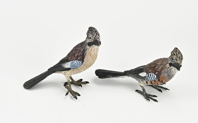 Two antique signed Viennese cold-painted bronze jays. Marked: Frans Xaver Bergmann. Size: 7 x 11...