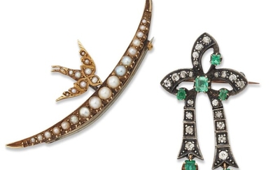 Two gem-set brooches,, one designed as a ribbon bow set with circular-cut diamonds and step-cut emeralds, the other as a half-pearl crescent moon brooch applied with a swallow. both c.1890