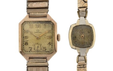 Two various wristwatches, including a 14ct gold manual wind square case Omega wristwatch on later stretch bracelet and a lady' s gold bracelet watch to a gilt bracelet (2)