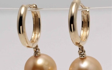 United Pearl - 14 kt. Yellow Gold - 10x11mm Round Golden South Sea Pearls - Earrings