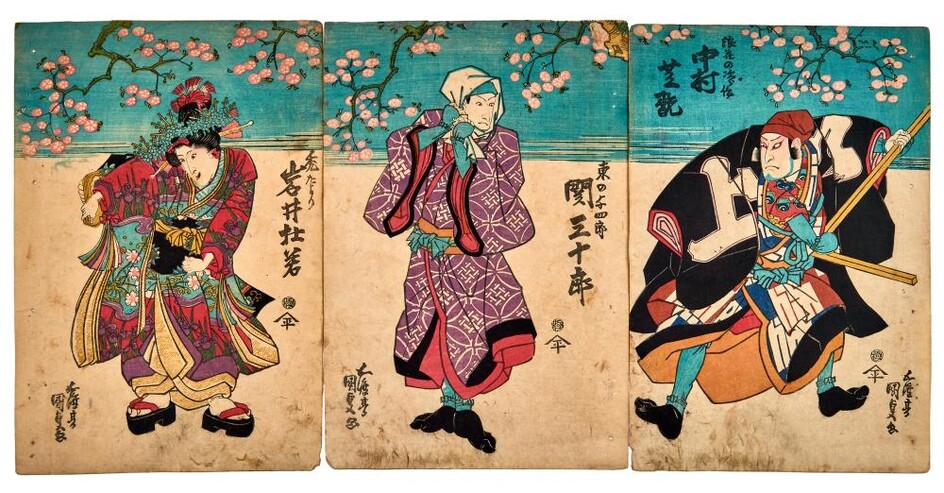Utagawa Kunisada (Toyokuni III.): Triptychon mit den Schauspielern Nakamura Shikan, Iwai Tojaku und Seki Sanjuro unter Kirschblüten