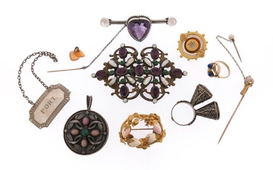 Various items of jewellery, including a paste-set gilt metal buckle,...
