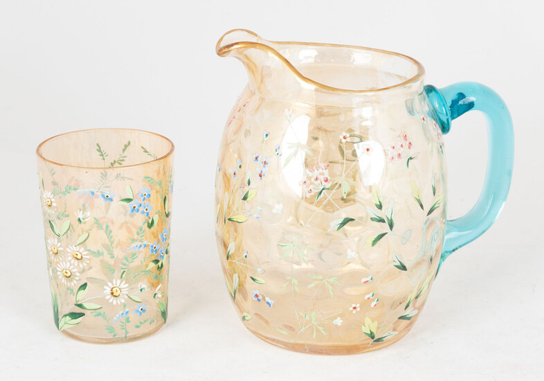 Victorian Enameled Glass Pitcher and Tumbler