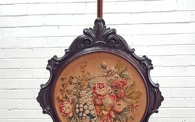 Victorian Rosewood Pole Screen, the carved oval frame with Berlin wool & stumpwork of colourful fruits and flowers, on an adjustable...