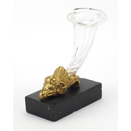 Victorian gilt metal and glass cornucopia vase with ram's he...