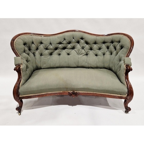 Victorian mahogany-framed parlour sofa, with scroll button b...