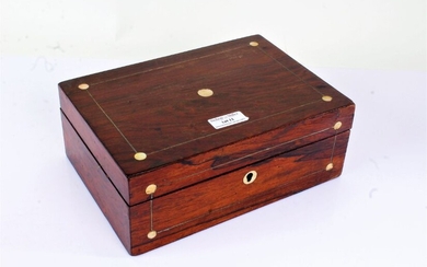 Victorian rosewood and mother of pearl inlaid jewellery box, with yellow plush interior, 24.5cm
