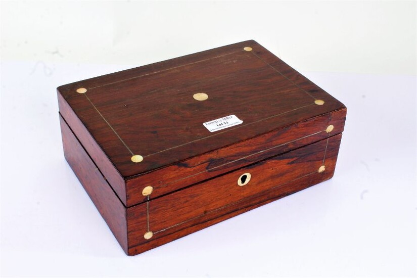 Victorian rosewood and mother of pearl inlaid jewellery box, with yellow plush interior, 24.5cm