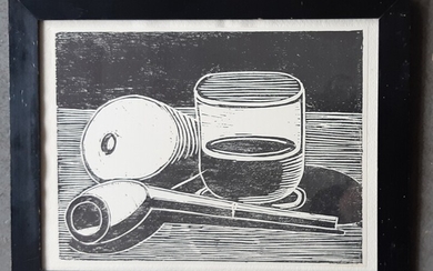 Vilhelm Lundstrøm: Nature morte. Unsigned. Woodcut on paper. Made for Klingen 1942. Sheet size 25×33 cm. Frame size 32.5×41 cm.