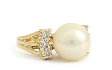 Vintage 1980's Pearl Diamond Cocktail Pinky Ring 18K Yellow Gold, 3.47 Grams