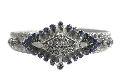 Vintage Blue Sapphire Diamond Geometric Cluster Bracelet 18K White Gold, 32.3 Gr