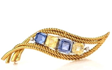 Vintage Natural Yellow Blue GIA Sapphire Diamond Gold Scroll Pin Brooch