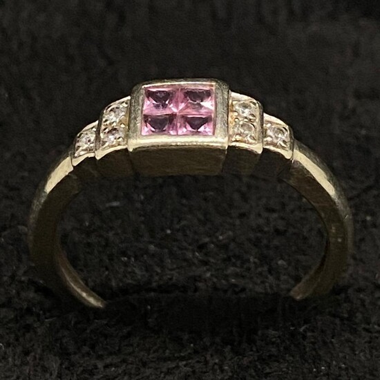 Vintage Sheffield 1980's Art Deco design 9k Ring, pink Sapphires & Diamonds