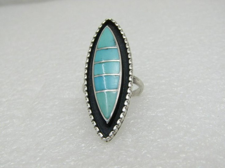 Vintage Sterling Zuni Inlaid Turquoise Ring, Shadowbox