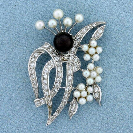 Vintage Tahitian and Akoya Pearl and Diamond Pin or