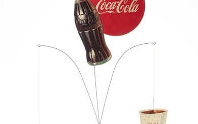 Vintage cardboard and wire Coca-Cola Mobile and double coke bottle Carrier, measures 14" W x 21" T.