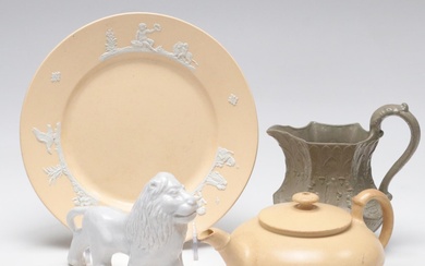 Wedgwood Yelloware Teapot and Molded Stoneware Pitcher with Other Plate and Lion