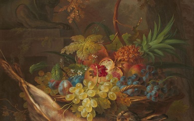 Willem van Leen - Hunting still life with fruit and stone sculpture under an oak tree