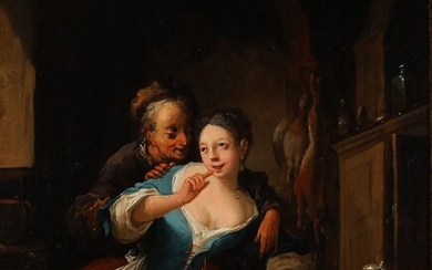 NOT SOLD. Willem van Mieris, follower of, 18th century: An elderly man surprises the maid. Unsigned. Oil on panel. 32.5 x 26 cm. – Bruun Rasmussen Auctioneers of Fine Art