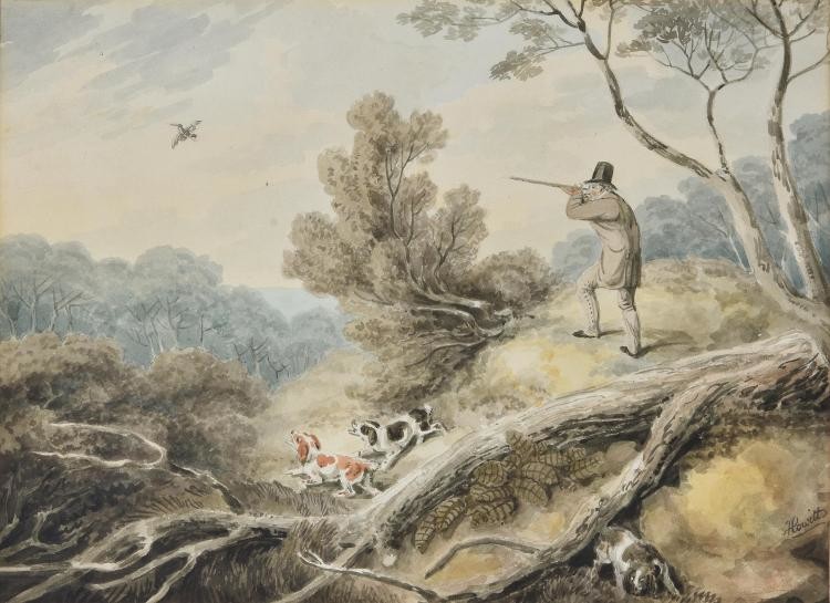 William Samuel Howitt (British 1756-1822), Shooting with three spaniels