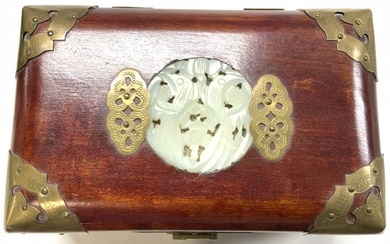 Wood & Brass Asian Hinged Jewelry Box w Jade