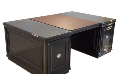 XXL Art Deco desk in high-gloss black with leather top