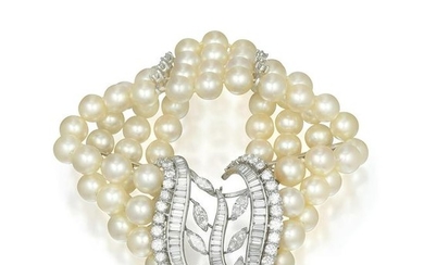 A Diamond and Cultured Pearl Multistrand Bracelet
