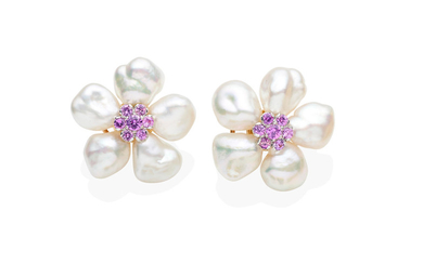 A pair of keshi pearl and sapphire earrings