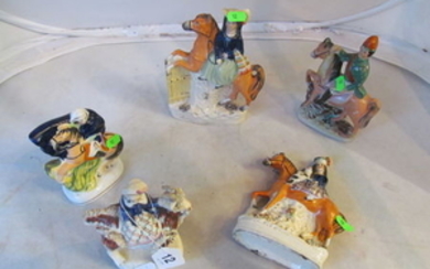 A 19th Century Staffordshire figure woman riding horse, three other figures riding horses and another goat