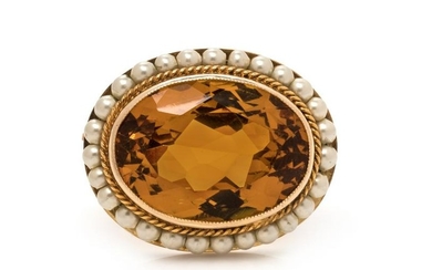 An Antique 10 Karat Yellow Gold, Citrine and Faux Pearl